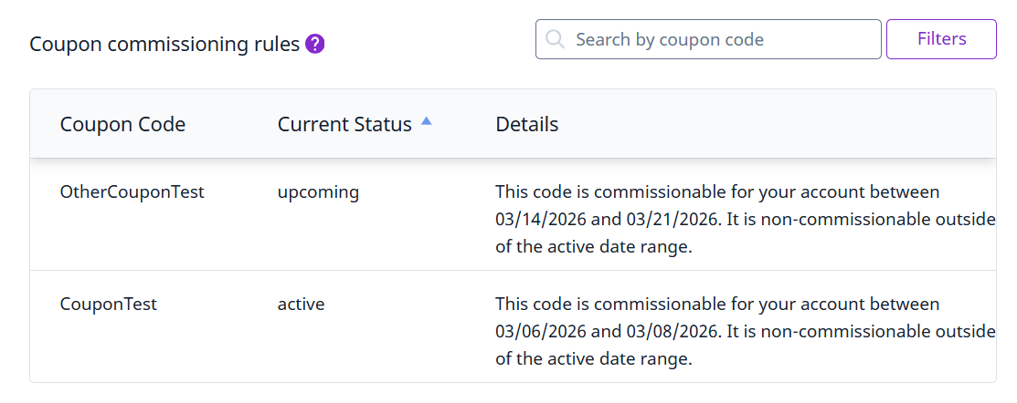 Advertiser program info page reflecting coupon commissioning rule with all the available coupons and sort function selected for current status