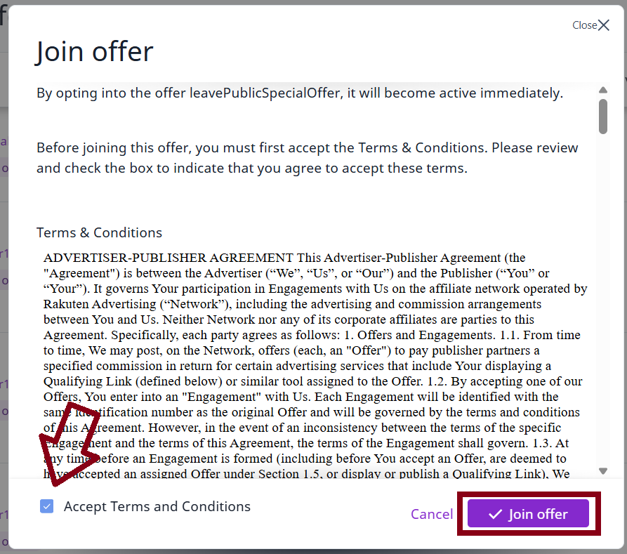 Screenshot showing accepting offer terms and conditions.