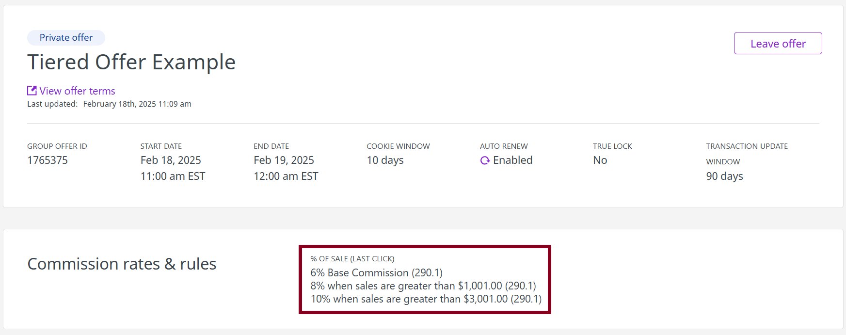 Tiered commission rates and offer details displayed.